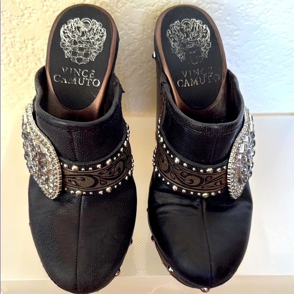 Vince Camuto Black Leather Clogs with Silver Jeweled Accents - Picture 3 of 6